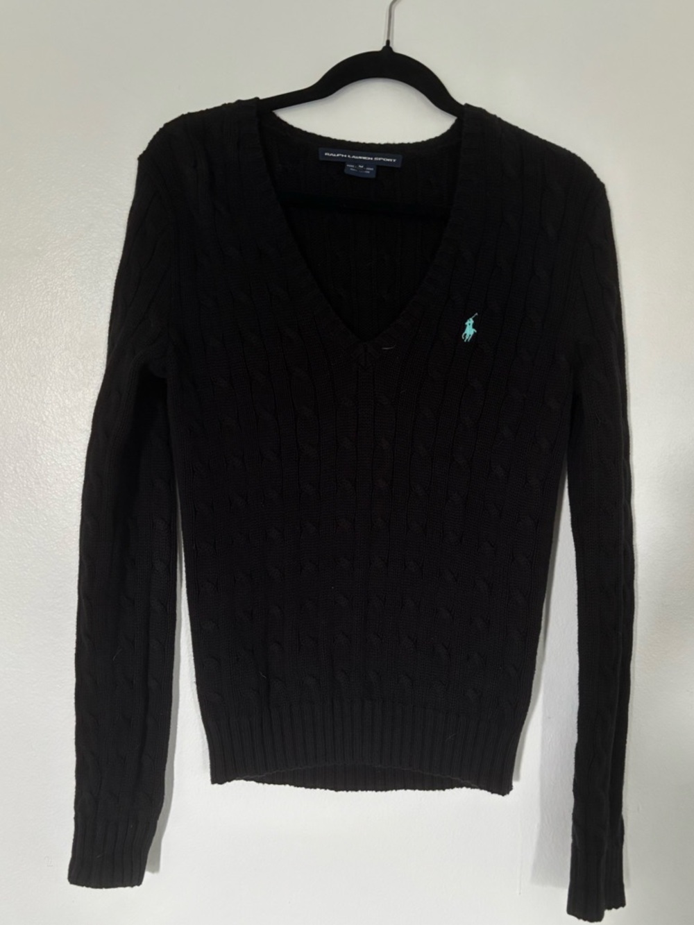 Ralph Lauren Black Cable V-Neck Sweater with Aqua Pony Embroidery